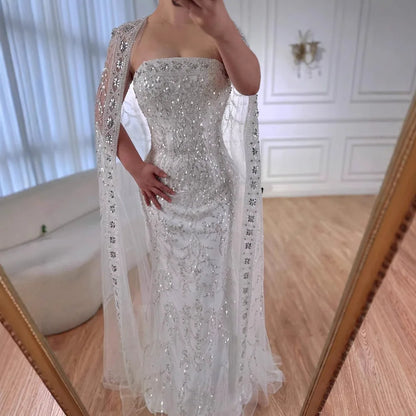 Luxury White Dubai Arabia Beading Evening Dress With Cape LA72870 - SERENE HILL