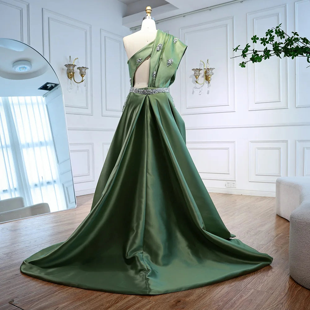 Luxury Dark Green Satin Beaded One Shoulder Evening Dress LA72845 - SERENE HILL