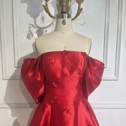 Luxury Dubai Saudi Arabia Elegant Off-Shoulder Wine Red A Line Evening Dress with Appliques Gown for Formal Occasion LA72778 - SERENE HILL