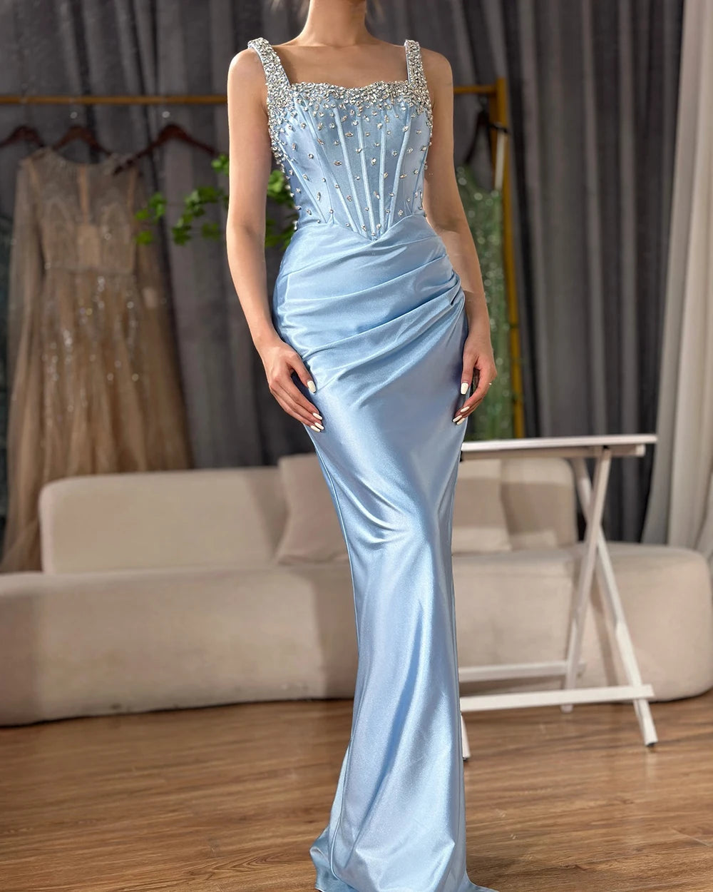 Luxury Dubai Saudi Blue Crystal Beaded Spaghetti Strap Mermaid Evening Dress Gown with Split for Formal Occasion LA72739 - SERENE HILL