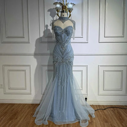 Luxury Nude Beaded High Neck Mermaid Evening Dress LA72897 - SERENE HILL