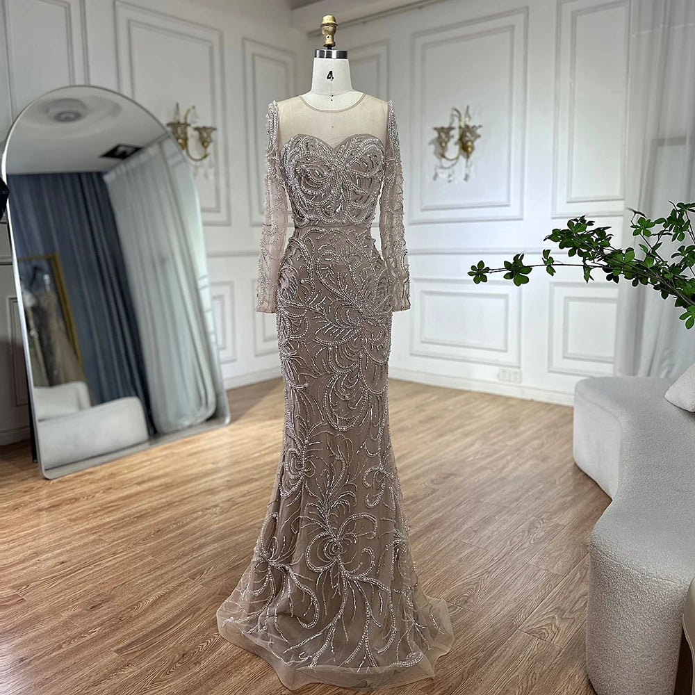 Luxury Dubai Nude Mermaid Luxury Pearls Beaded Arabic Evening Gowns for Formal Occasion Dress LA72648 - SERENE HILL