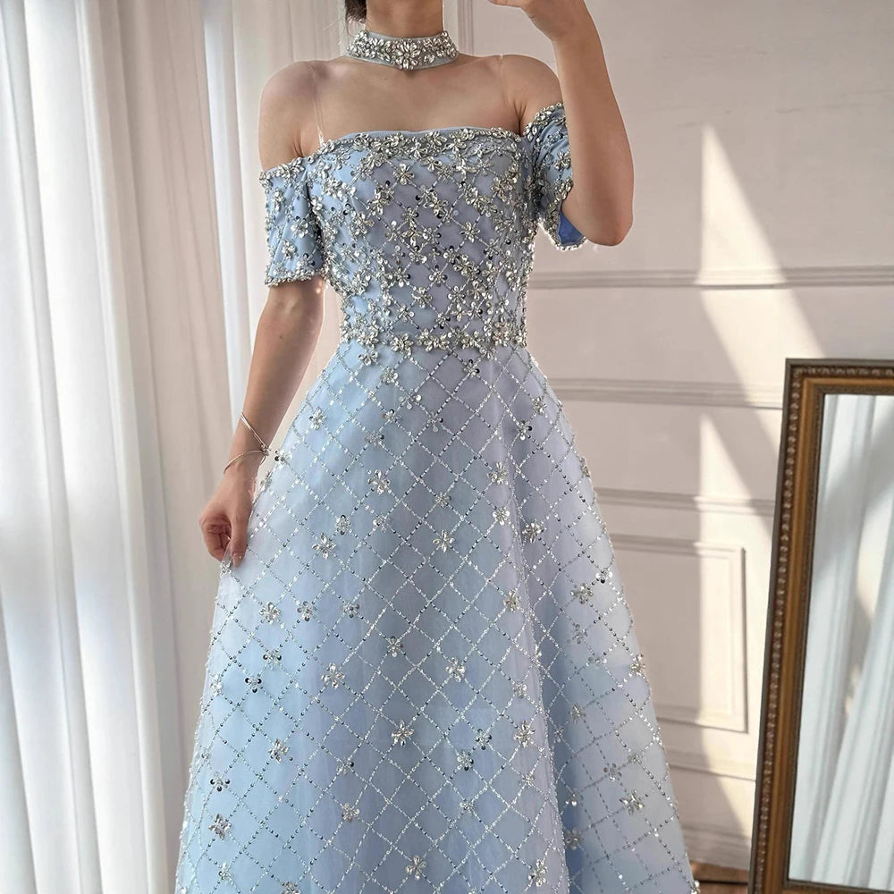 Luxury Nude Sliver Off Shoulder Beaded Crystal A-Line Evening Dress LA73122 - SERENE HILL