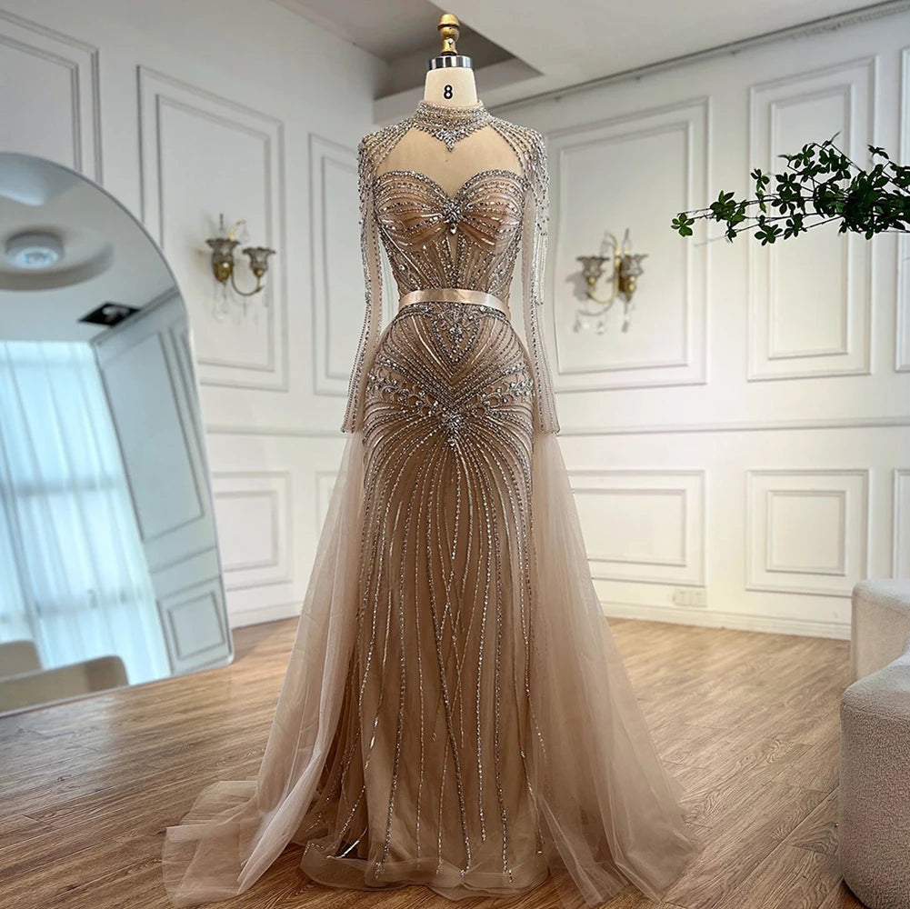 Luxury Nude Modest Beaded Evening Dress Long Sleeves With Overskirt LA72990 - SERENE HILL