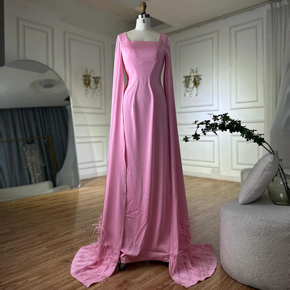 Luxury Arabic Pink Mermaid Evening Dress with Feather Cape LA72855 - SERENE HILL