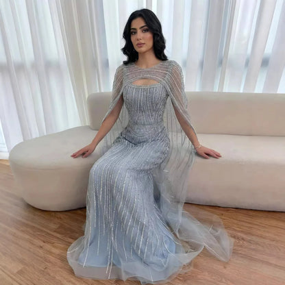Luxury Blue Diamond Evening Dress With Cape LA73426 - SERENE HILL
