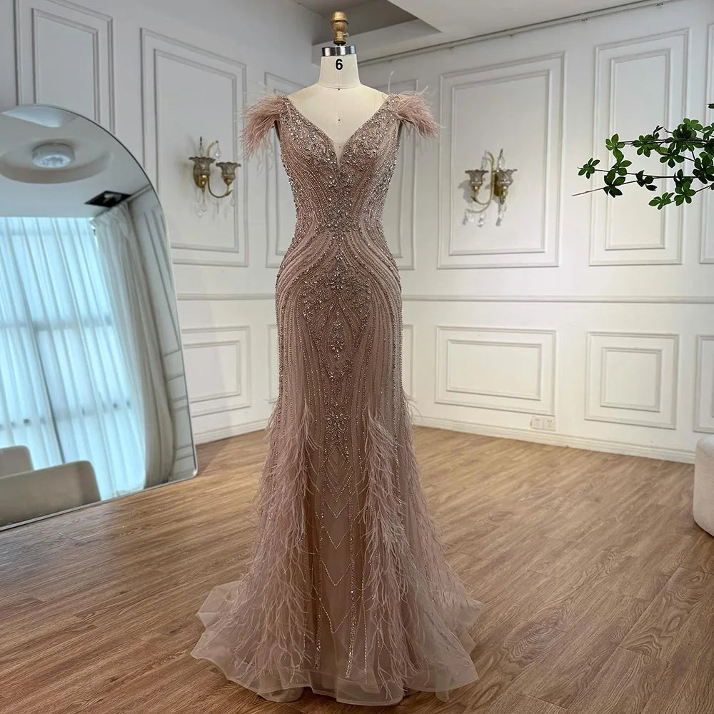 Luxury Designer Pink Feather Beaded Mermaid Evening Dress LA73098 - SERENE HILL