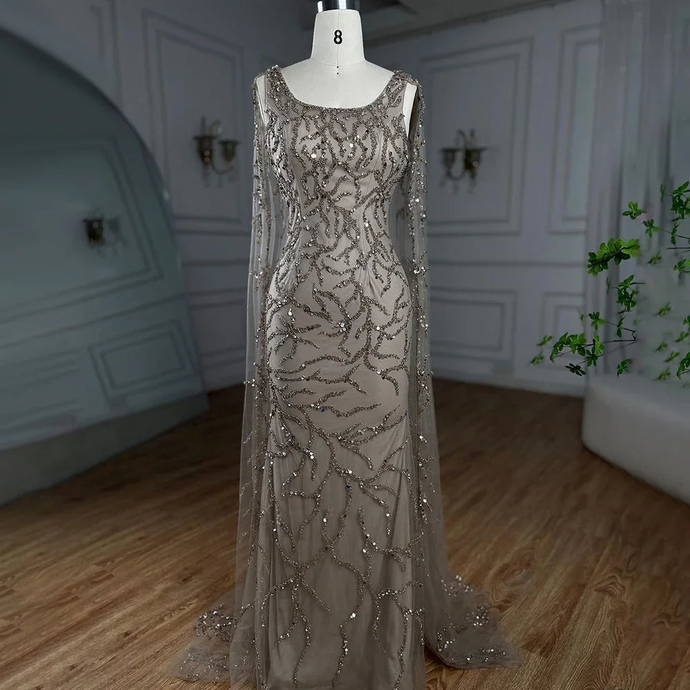 Gray Mermaid Beaded Evening Dress with Cape Sleeves LA72149 - SERENE HILL