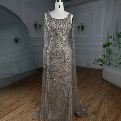 Gray Mermaid Beaded Evening Dress with Cape Sleeves LA72149 - SERENE HILL