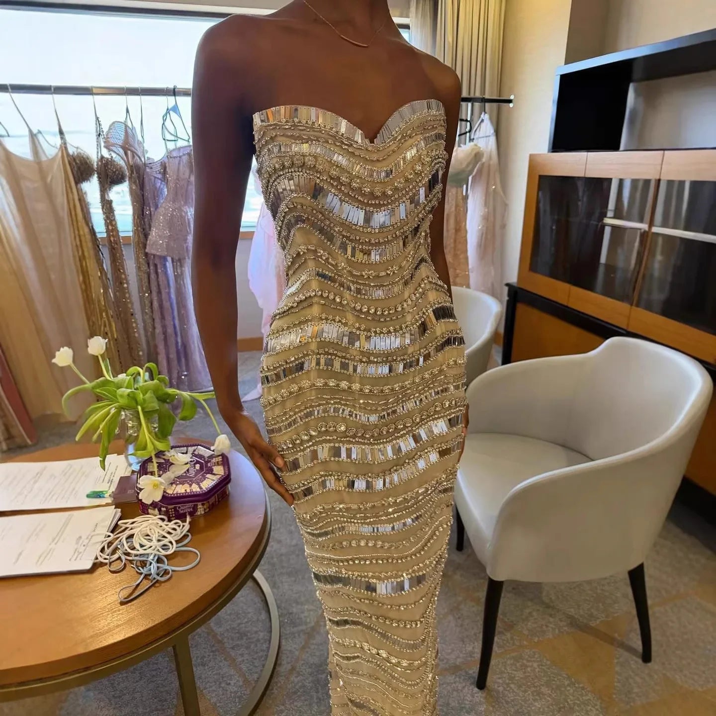 Luxury Silver Nude Beaded Mermaid Evening Dress LA73449 - SERENE HILL
