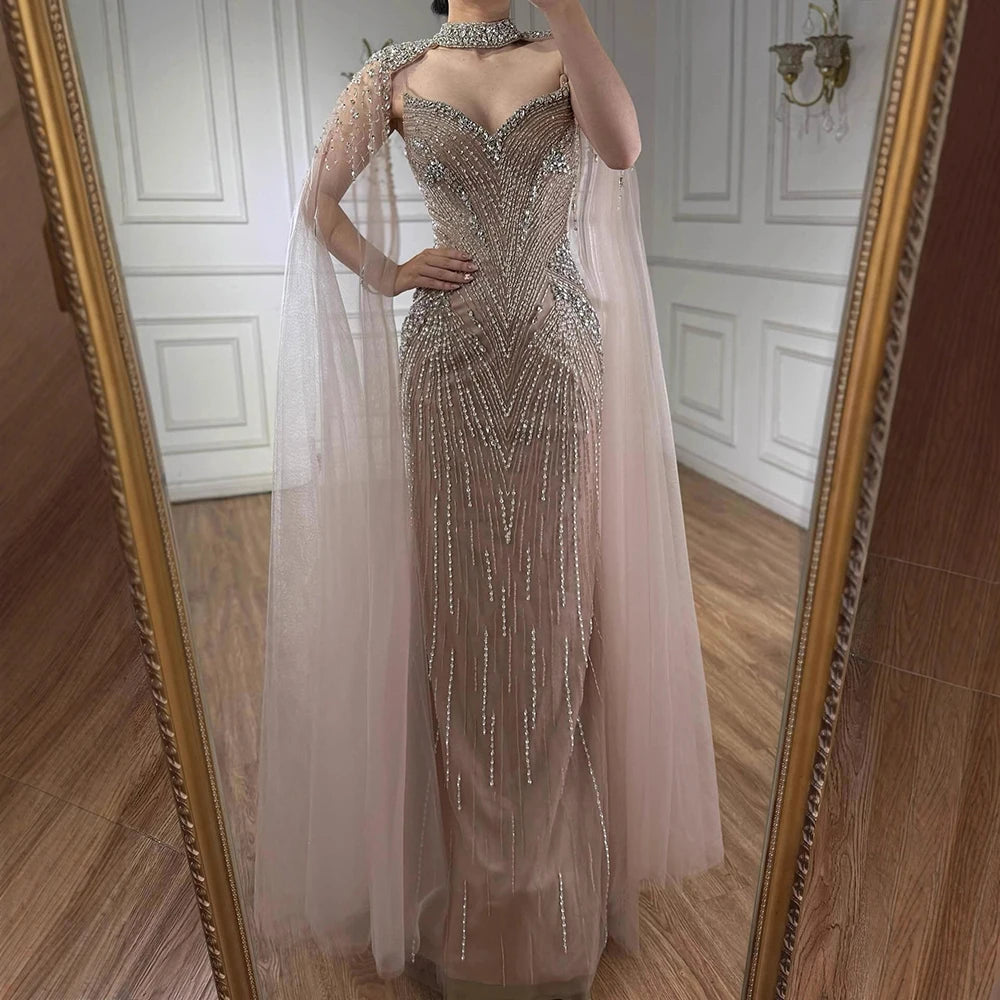 Luxury Arabic Nude Beaded Evening Dress with Cape Sleeves LA73173 - SERENE HILL