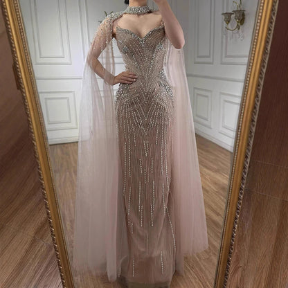 Luxury Arabic Nude Beaded Evening Dress with Cape Sleeves LA73173 - SERENE HILL