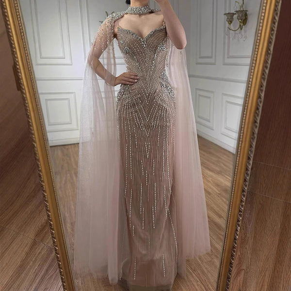 Luxury Arabic Nude Beaded Evening Dress with Cape Sleeves LA73173