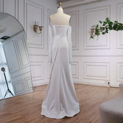 White Beaded Evening Dress with Detachable Sleeves LA72293A - SERENE HILL