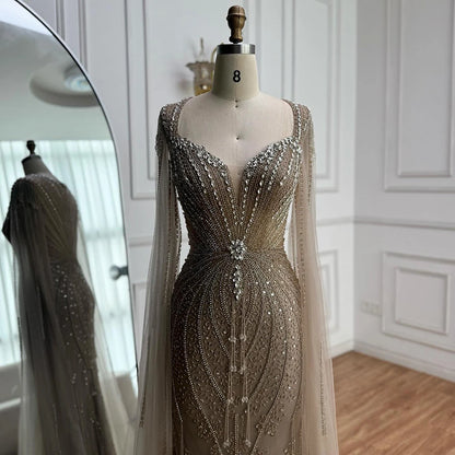 Luxury Designer Beige Beaded Evening Dress with Cape Sleeves LA72992 - SERENE HILL