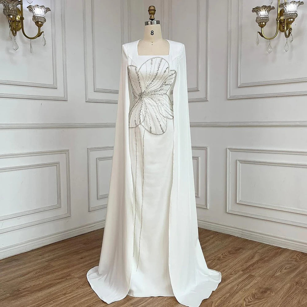 Elegant Black Luxury Beaded Arabic Evening Dress with Cape Sleeves LA72461 - SERENE HILL