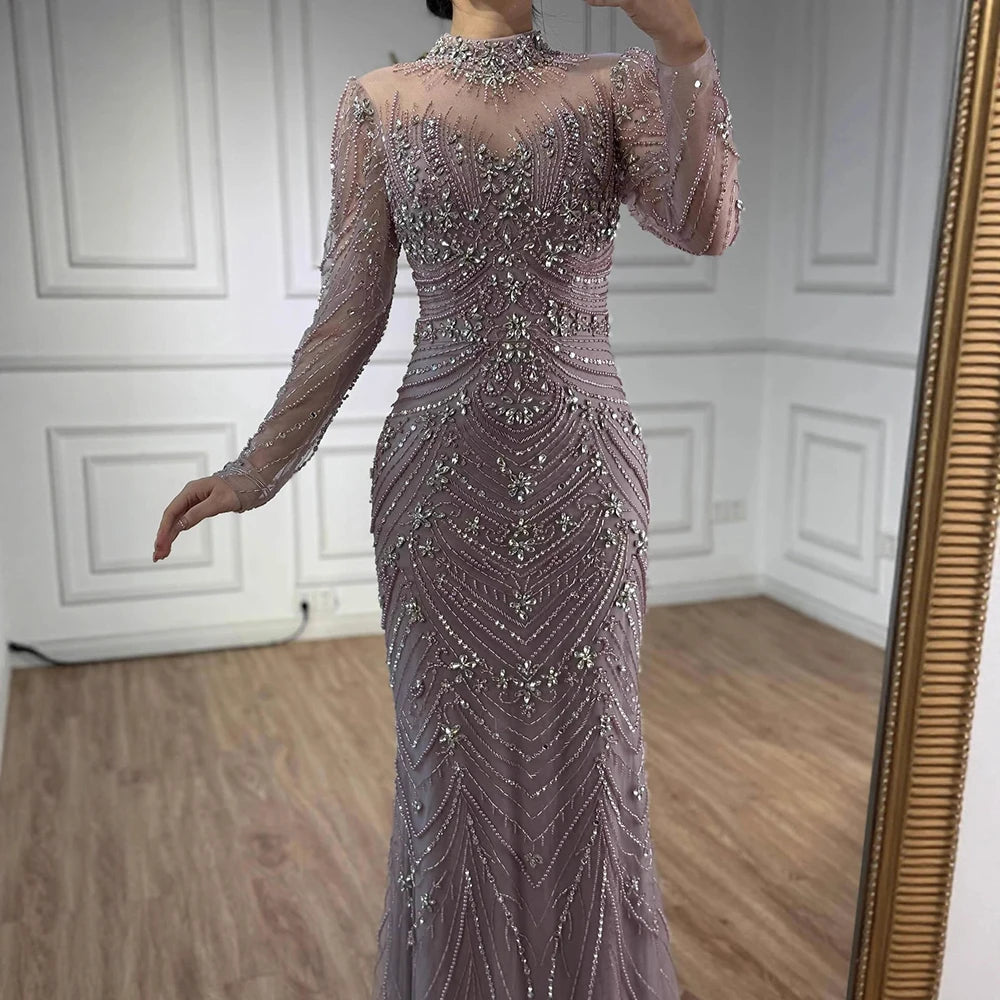 Luxury Pink Beaded Mermaid Evening Dress Long Sleeve LA73158 - SERENE HILL