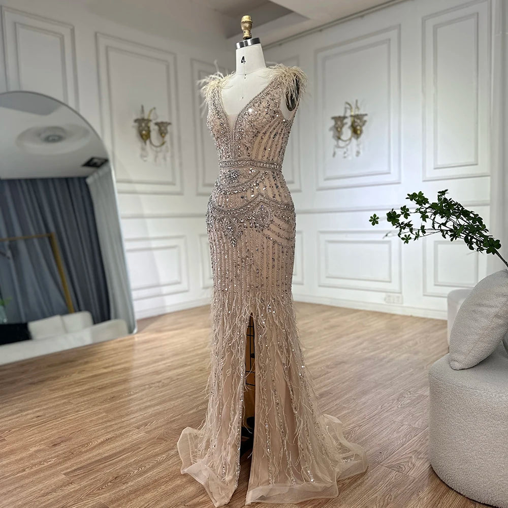Luxury Dubai Arabic Blue Elegant Split Mermaid Beaded Feathers Long Evening Dresses Gowns for Formal Occasion LA72742 - SERENE HILL