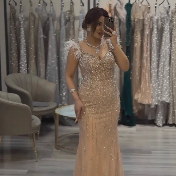 Luxury Nude Beaded Feather Mermaid Evening Dress Dubai Style LA72818