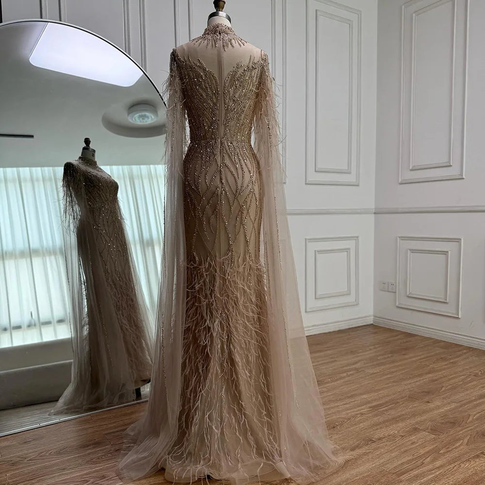 Luxury Nude Feather Beaded High Neck Formal Evening Dress for Women LA71885C - SERENE HILL