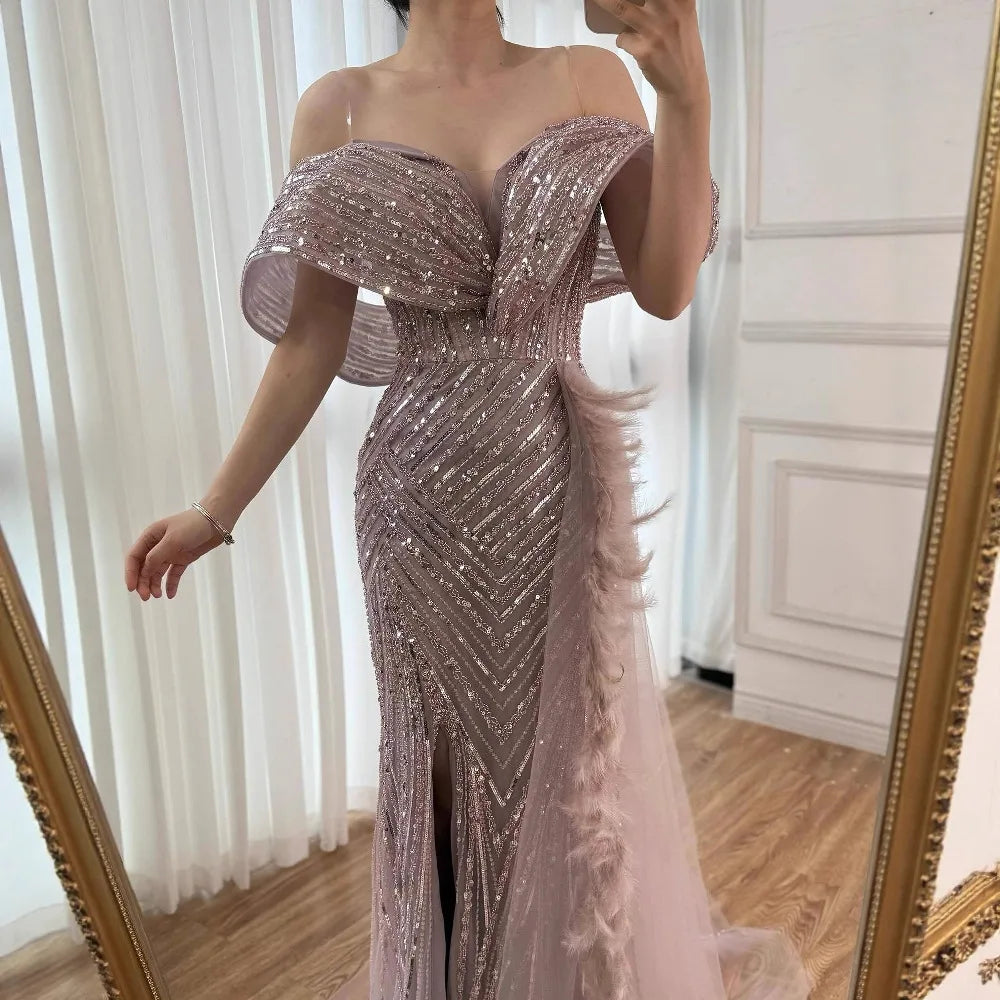 Luxury Pink Off Shoulder Beaded Feather Mermaid Evening Dress LA73111 - SERENE HILL