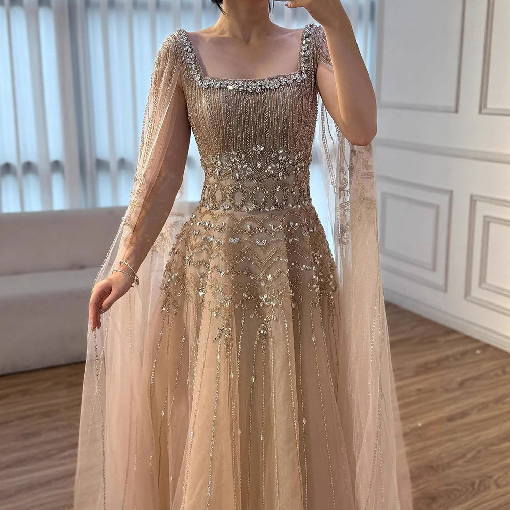 Luxury Caramel A-Line Beaded Evening Dress with Cape Sleeves LA73089A turquoise / 6
