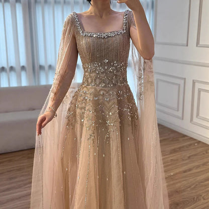 Luxury Caramel A-Line Beaded Evening Dress with Cape Sleeves LA73089A - SERENE HILL