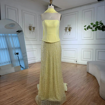 Luxury Yellow Chiffon Mermaid Evening Dress with Cape LA73007 - SERENE HILL