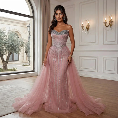Pink Pearls Beaded Arabic Mermaid Evening Dress with Overskirt LA72811B - SERENE  HILL