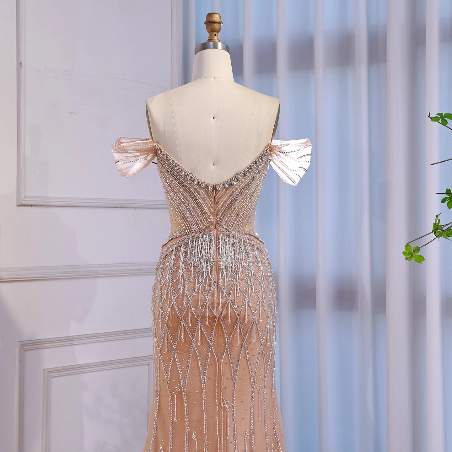 Luxury Nude Off Shoulder Beaded Tassel Evening Dress LA72854A - SERENE HILL
