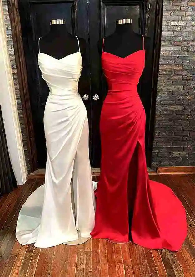 Serene Hill Arabic Red Elegant Spaghetti Strap Pleated Satin Prom Dress with Split for Women&