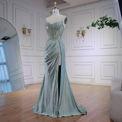 Luxury Mint Green Satin Beaded Prom Dress with Slit LA72995 - SERENE HILL