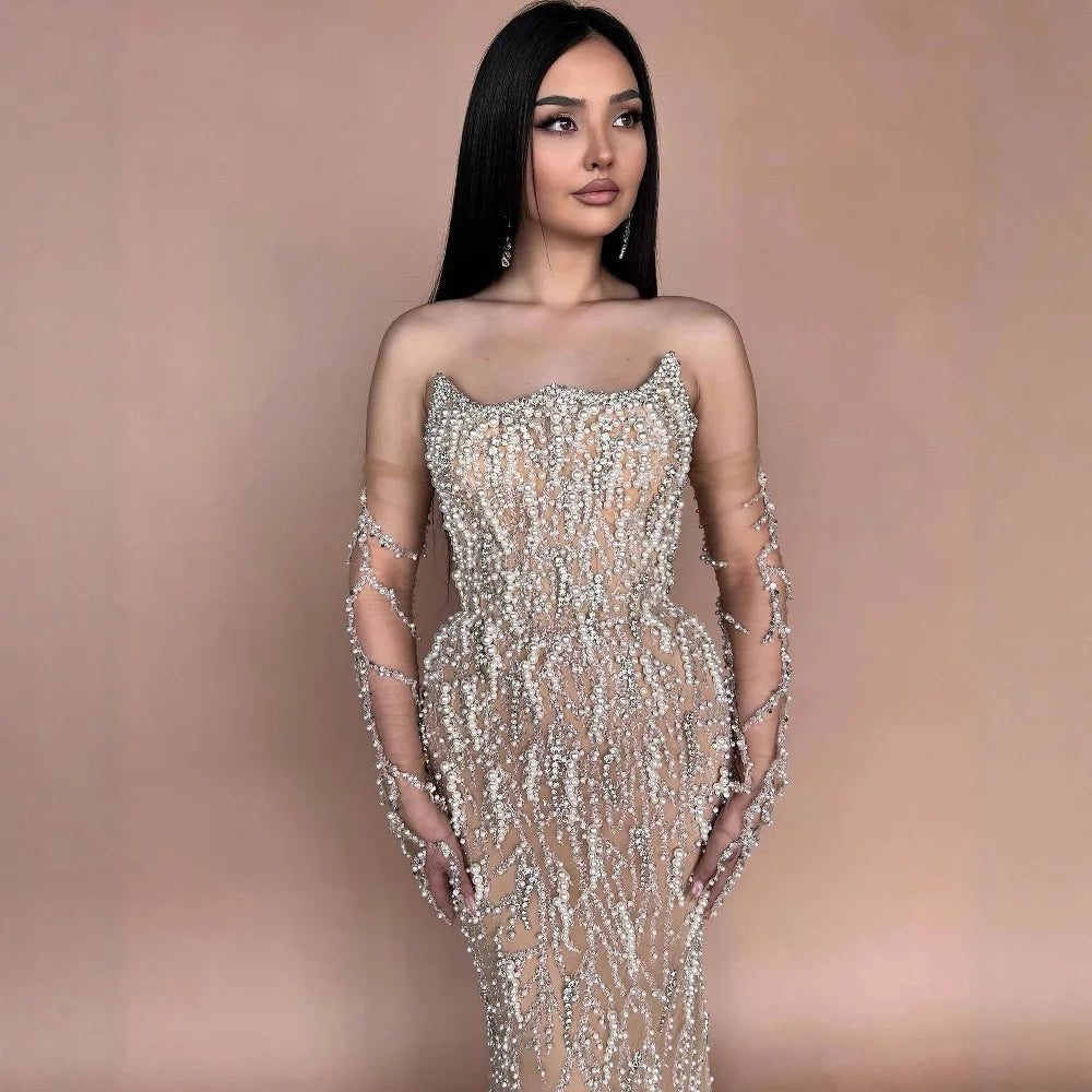 Luxury Nude Pearl Beaded Mermaid Evening Gown with Gloves LA72345C - SERENE HILL