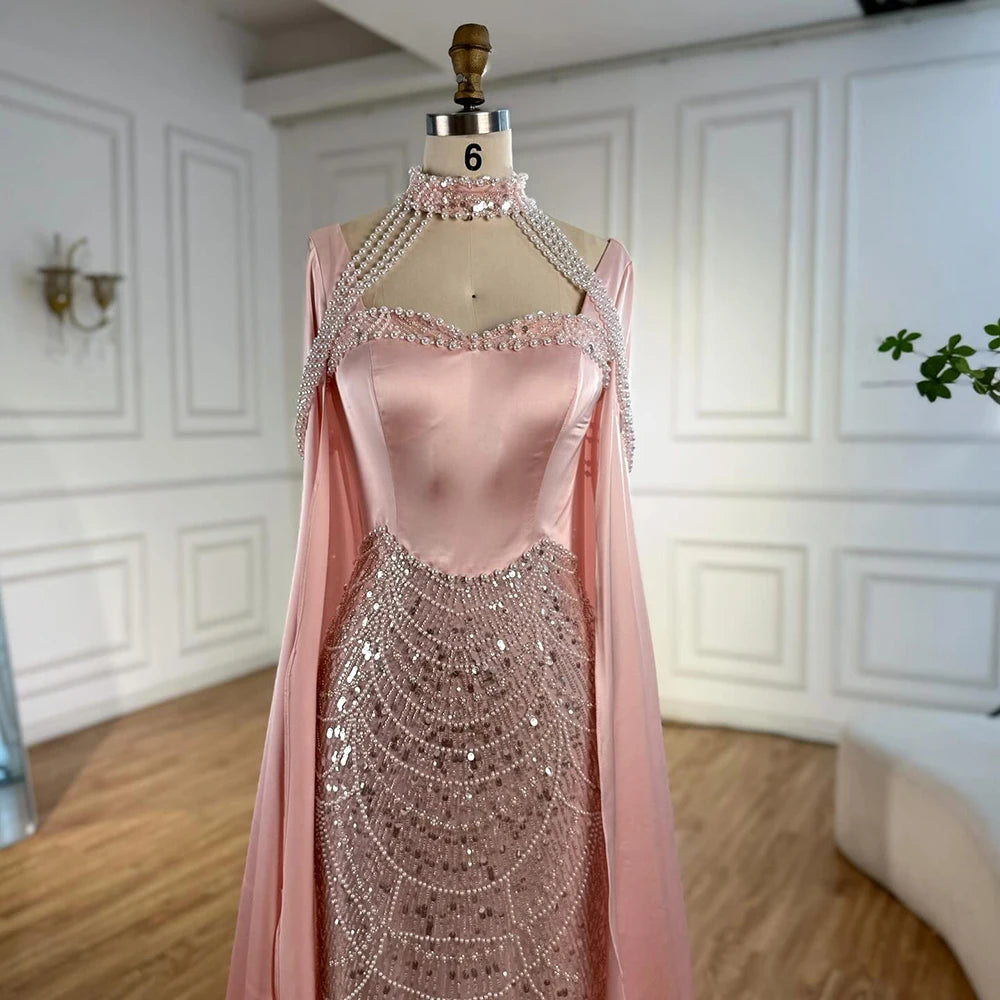 Luxury Arabic Pearls Pink Evening Dress with Cape LA73051 - SERENE HILL