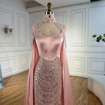 Luxury Arabic Pearls Pink Evening Dress with Cape LA73051 - SERENE HILL
