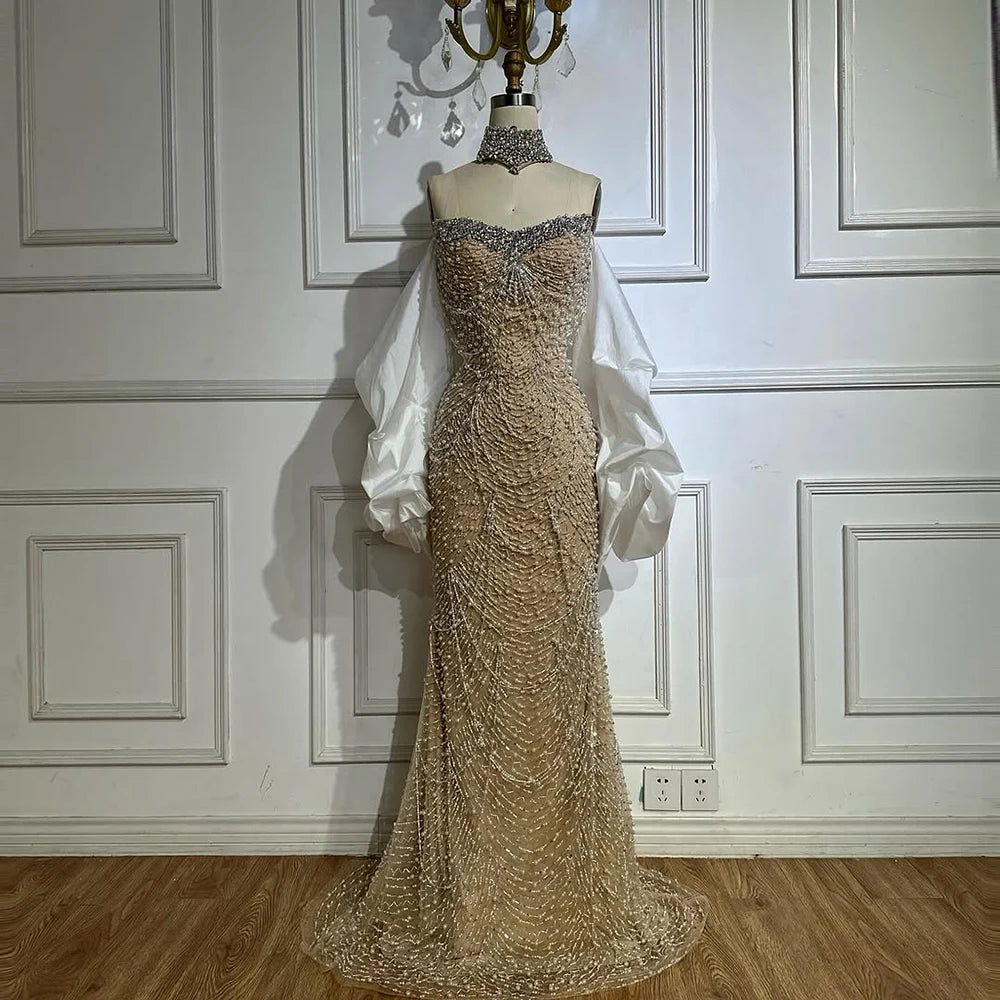 Luxury Famous White Nude Pearls Beaded Mermaid Evening Dress With Cape LA72802 - SERENE HILL