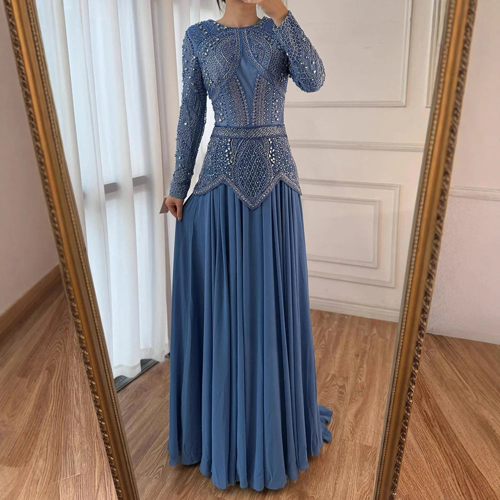 Luxury Designer Blue Beaded Evening Dress with Long Sleeves LA72962 - SERENE HILL