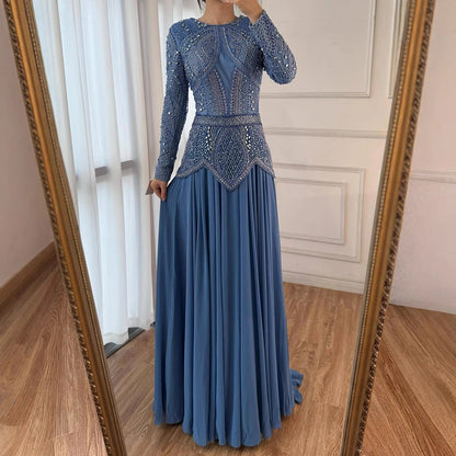 Luxury Designer Blue Beaded Evening Dress with Long Sleeves LA72962 - SERENE HILL