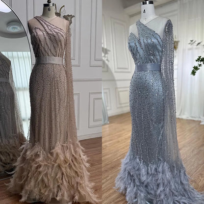 Elegant Nude One Shoulder Feather Beaded Mermaid Evening Dress LA71096 - SERENE HILL