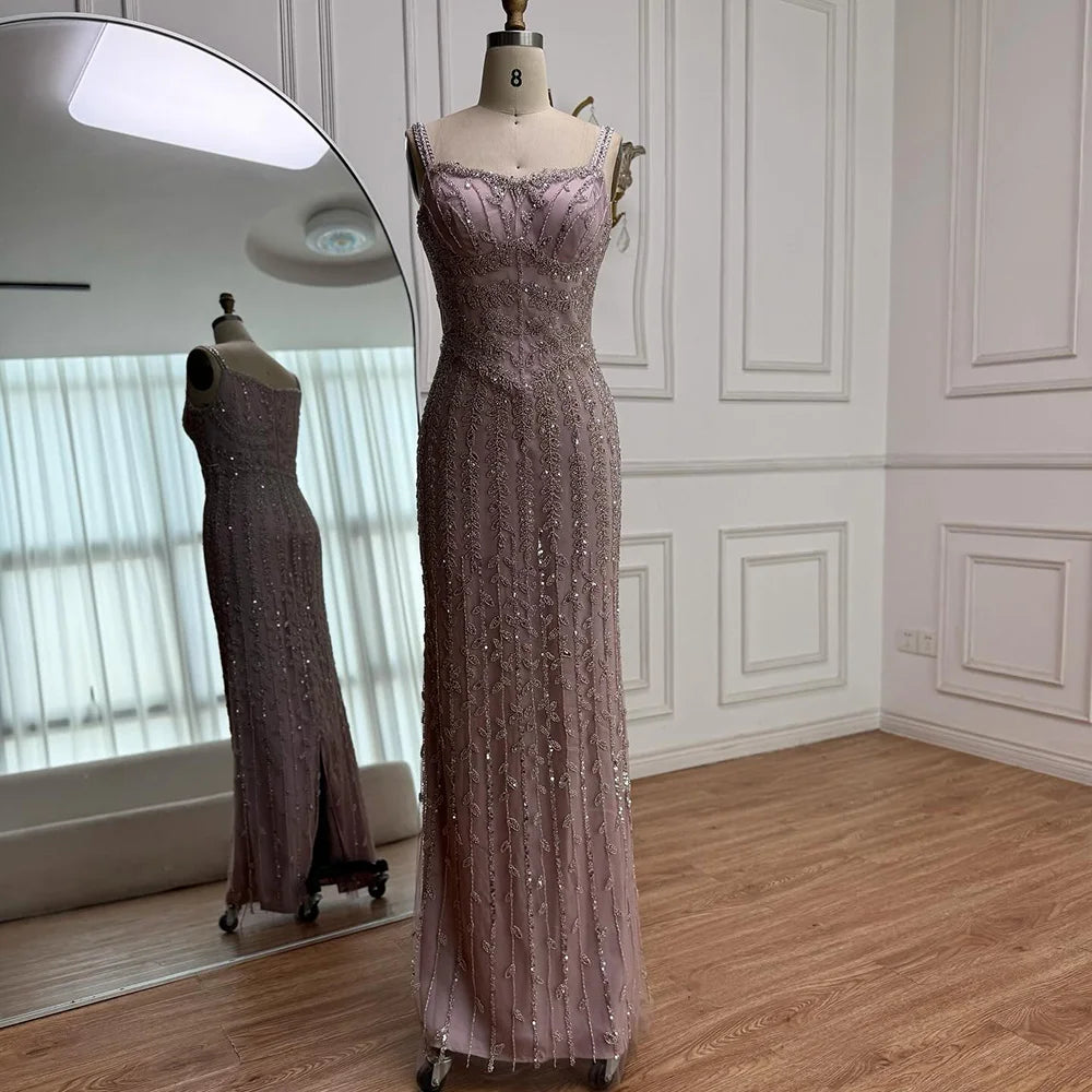 Luxury Arabic Blue Spaghetti Strap Mermaid Evening Dress Beaded LA72725 - SERENE HILL
