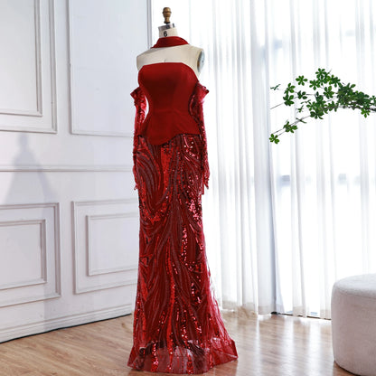 Luxury Wine Red Mermaid Evening Dress With Gloves LA73050E - SERENE HILL