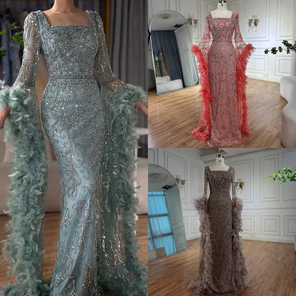 Luxury Turquoise Beaded Mermaid Evening Dress with Flared Sleeves and Feathers LA72767 - SERENE HILL