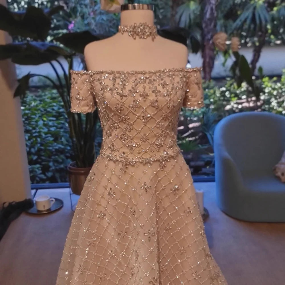 Luxury Nude Sliver Off Shoulder Beaded Crystal A-Line Evening Dress LA73122 - SERENE HILL