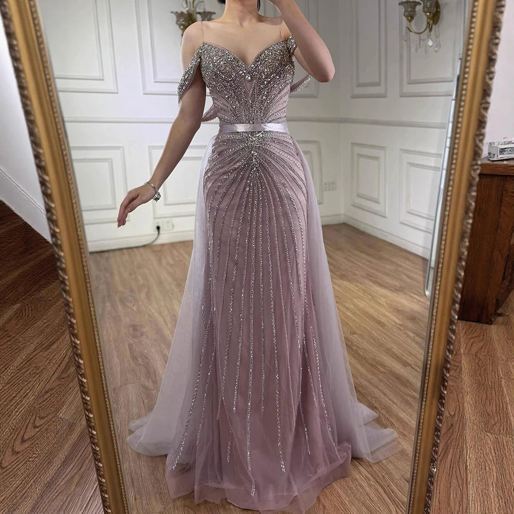 Luxury Nude Arabic Crystal Beaded Mermaid Off Shoulder Evening Dress LA73128 - SERENE HILL