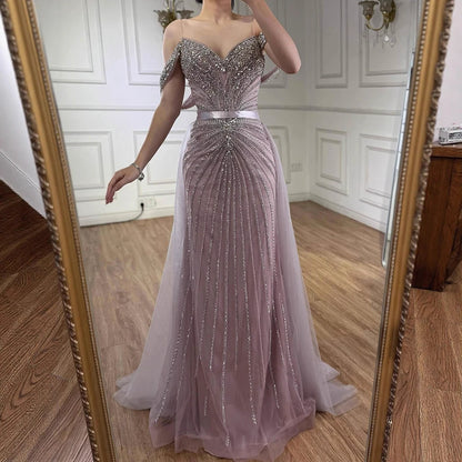 Luxury Nude Arabic Crystal Beaded Mermaid Off Shoulder Evening Dress LA73128 - SERENE HILL