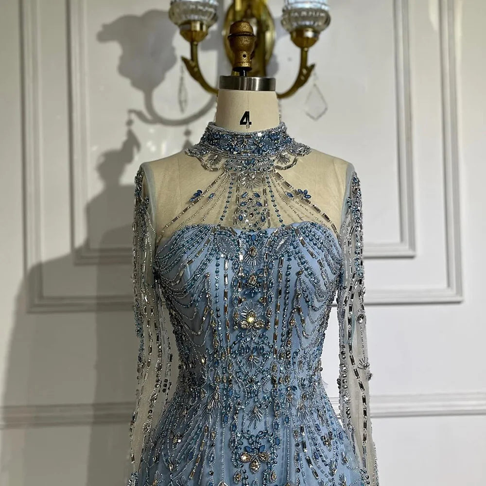 Luxury Dubai Designer Modest A-Line Blue Lace Beaded Evening Dresses LA72704 - SERENE HILL