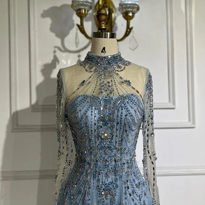 Luxury Dubai Designer Modest A-Line Blue Lace Beaded Evening Dresses LA72704 - SERENE HILL