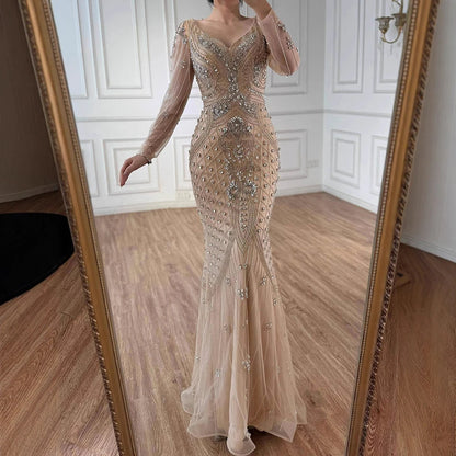 Luxury Nude Long Sleeve Beaded Mermaid Evening Dress LA73155 - SERENE HILL