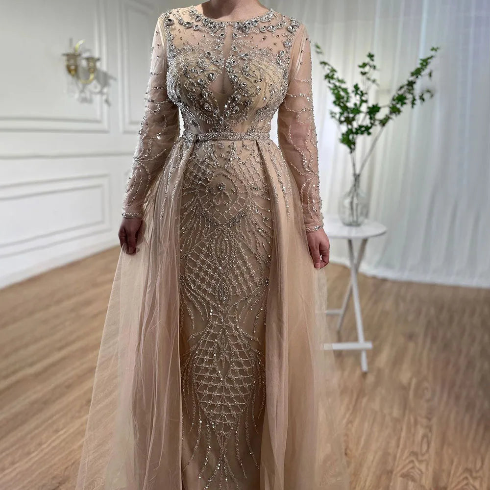 Serene Hill Muslim Silver Nude Mermaid Gown with Detachable Overskirt Beaded Evening Dress for Women Wedding Party LA71919 - SERENE HILL