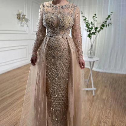 Serene Hill Muslim Silver Nude Mermaid Gown with Detachable Overskirt Beaded Evening Dress for Women Wedding Party LA71919 - SERENE HILL